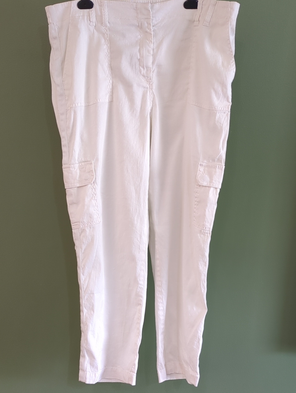 Chicos Linen Cotton Blend Crop Cargo Style Pants White Zip Closure Sz L